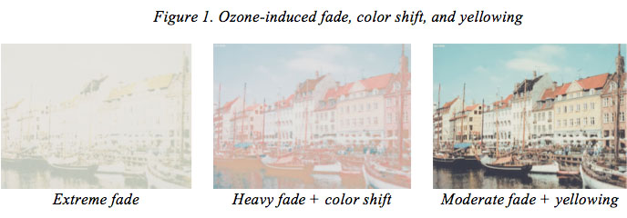 Figure 1. Ozone-induced fade, color shift, and yellowing