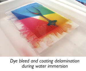 Dye bleed and coating delamination during water immersion